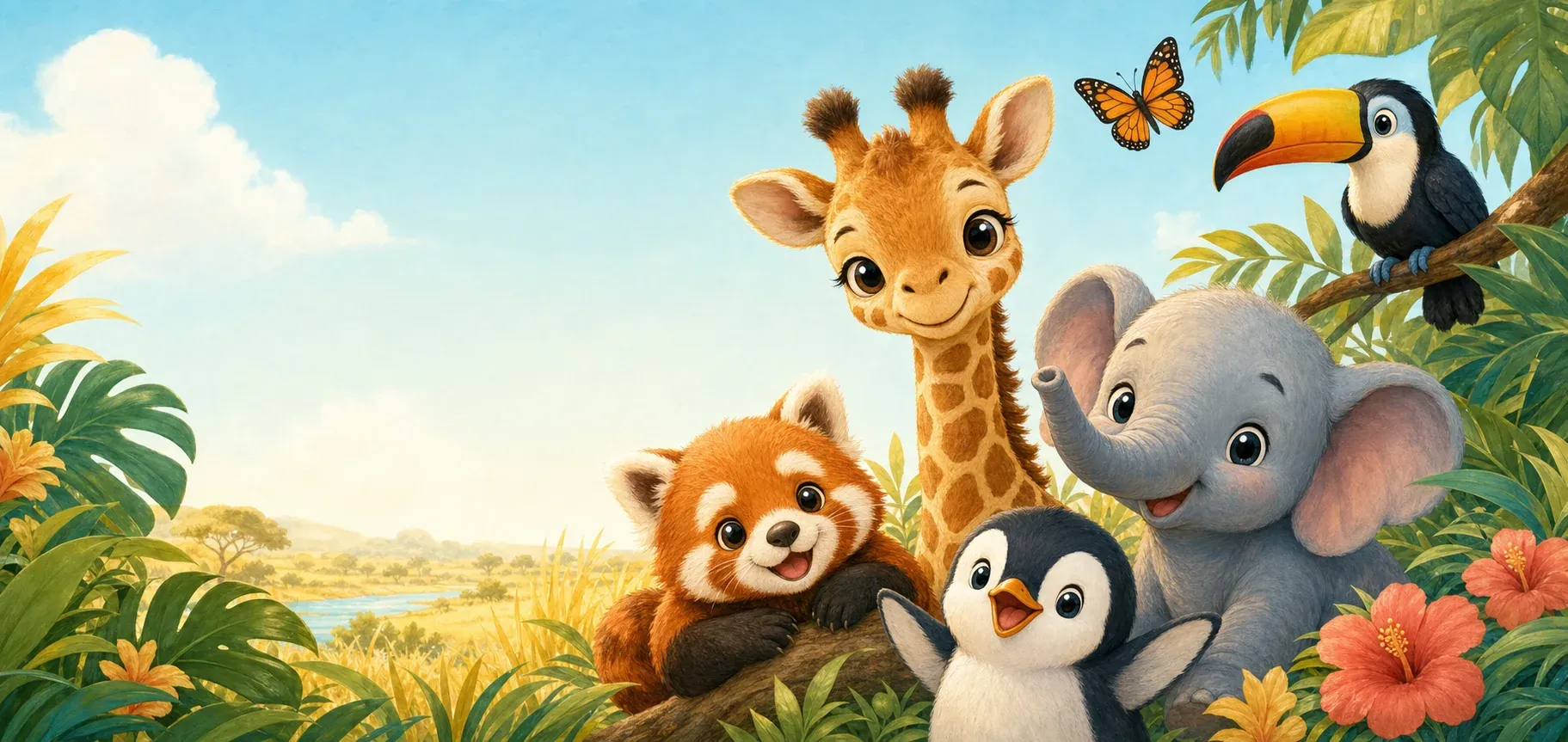 Storybook animal friends including a giraffe, red panda, penguin, elephant, and toucan